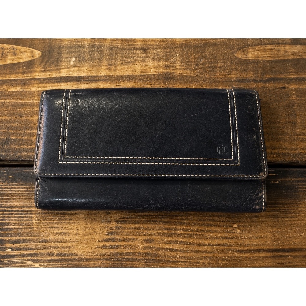Lauren Ralph Lauren Black Leather Trifold Wallet Contrast Stitch RL Logo Snap 7"